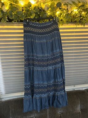 Lapis Blue Tiered Embroidered Maxi Skirt